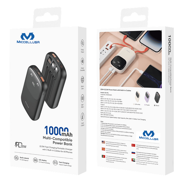 Miccell 22.5W 10,000mAh Power Bank with Integrated Cables VQ-P16