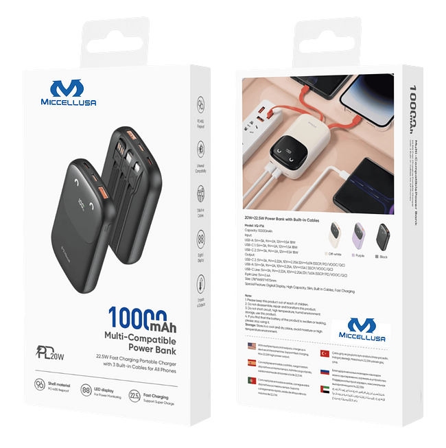 Miccell 22.5W 10,000mAh Power Bank with Integrated Cables VQ-P16