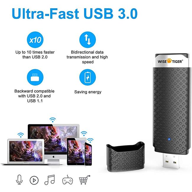 WiFi Adapter with Dongle for PC, AC1300Mbps High Speed 802.11AC Gaming Wireless USB Adapter Long Range