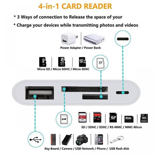 OTG - 4 in 1 SD TF Card Reader to Lighting Adapter for iPhone and iPad Plug and Play