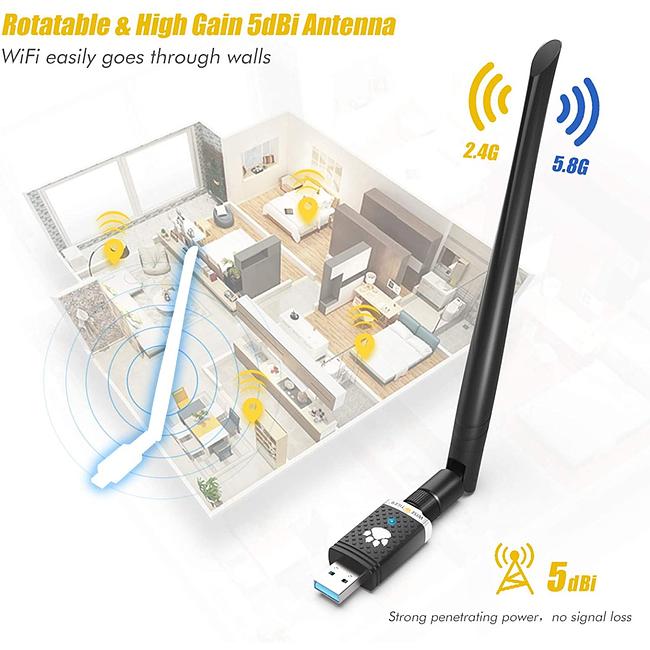 WiFi Adapter Single Antenna for PC Gaming 1300Mbps, USB 3.0 Wireless Adapter Dual Band 5GHz 802.11AC Wifi Antenna Windows XP/Vista/7/8/10 Mac 10.6-10.15