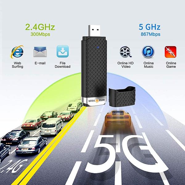 WiFi Adapter with Dongle for PC, AC1300Mbps High Speed 802.11AC Gaming Wireless USB Adapter Long Range